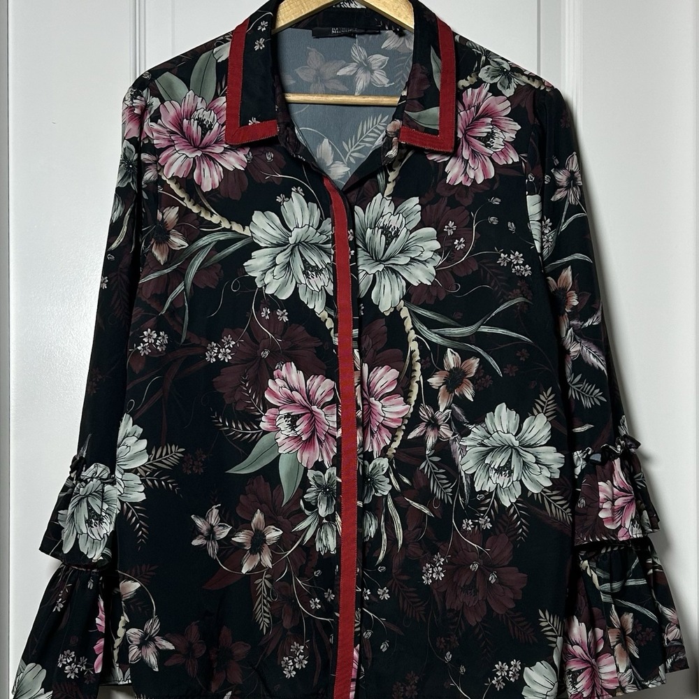 Badgley Mischka Black Floral Red Trim Ruffle Cuff Blouse Dark Academia Style